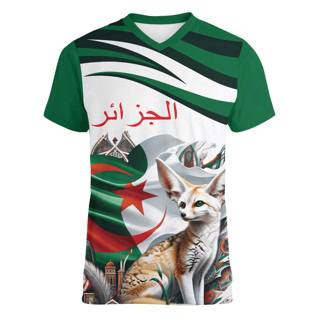 Algeria Fennec Fox Personalized Women V-Neck T-Shirt with Algerian Culture and Nature - Wonder Print Shop