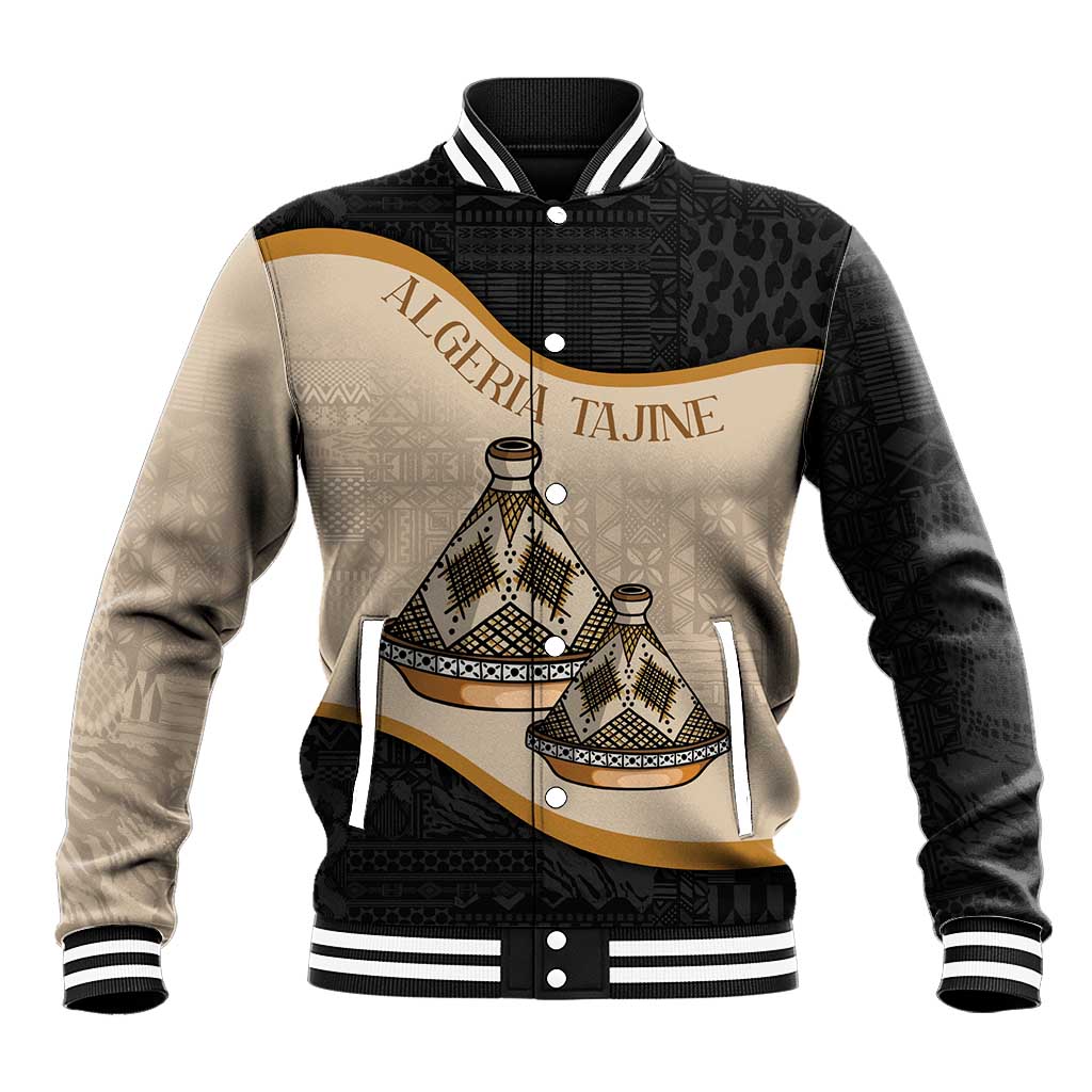 Black and beige varsity baseball jacket with Tajine dish graphic and striped ribbed trim