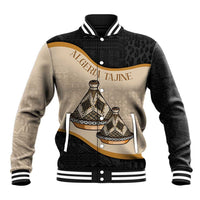 Black and beige varsity baseball jacket with Tajine dish graphic and striped ribbed trim