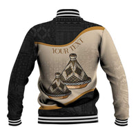 Black and beige varsity baseball jacket, back print of Tajine dishes and striped ribbed hem