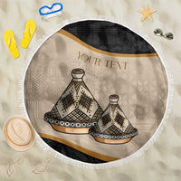 Round beach blanket with fringed edge, beige tajine dishes print and dark top band