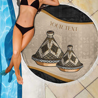 Round personalized beach blanket with tassel fringe, beige tajine print and black inner band