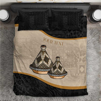 Bedding set duvet cover with black and beige tribal pattern, gold stripe, 'YOUR TEXT'.