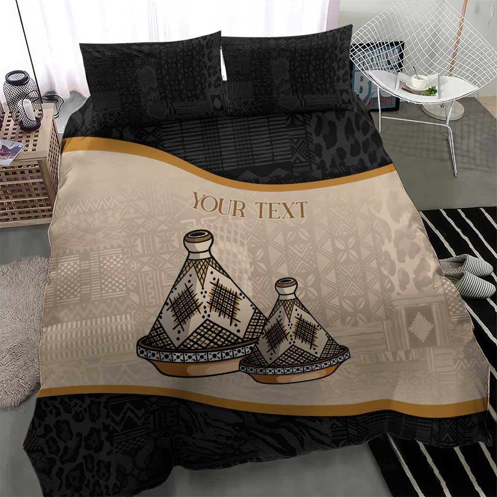 Bedding set duvet with beige tribal print, black patterned sides, and gold stripe.