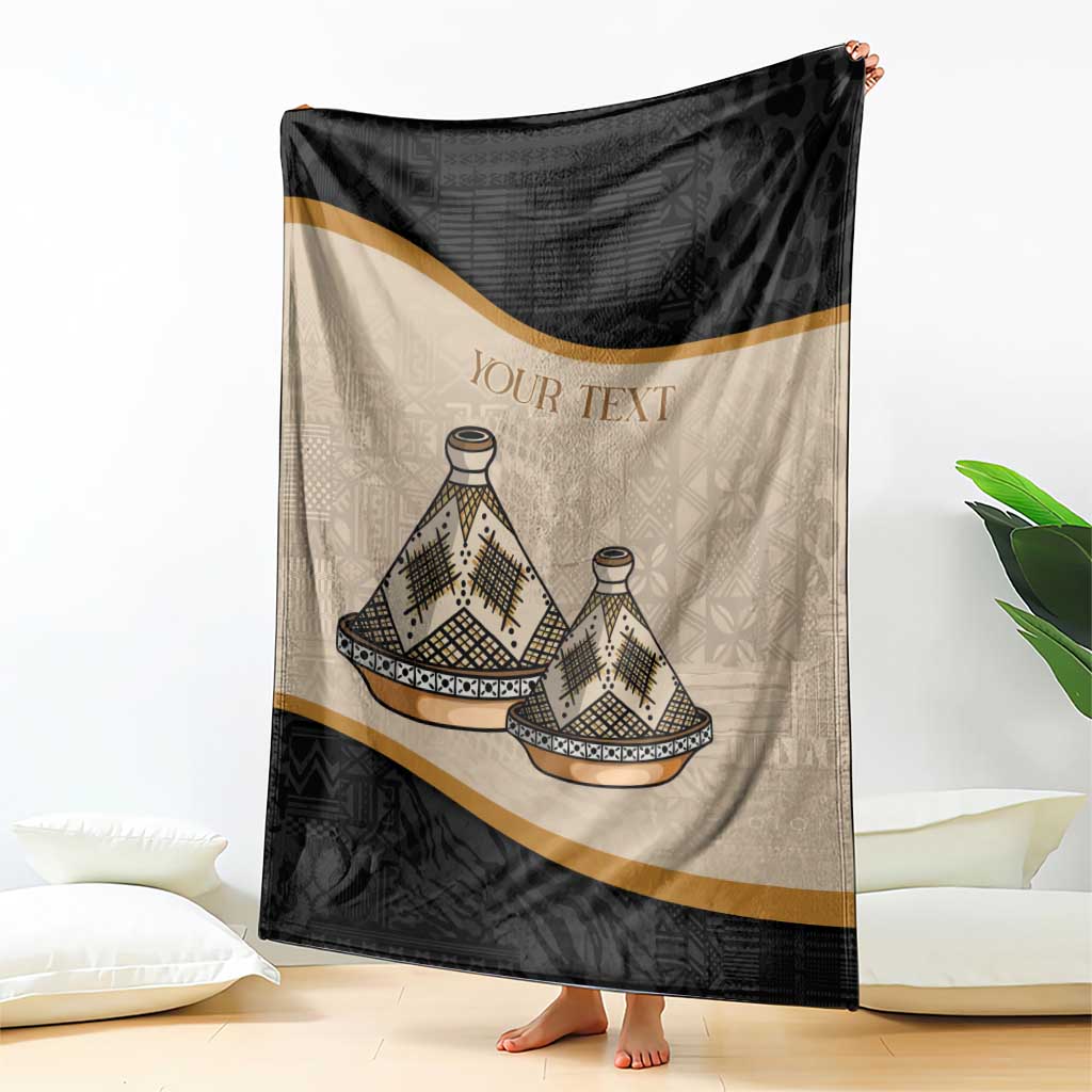 Personalized blanket with tajine dish illustration, beige and dark panels, gold border, your text