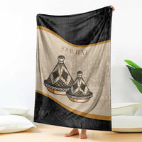 Personalized blanket with tajine dish illustration, beige and dark panels, gold border, your text