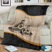 Personalized throw blanket with tajine dish design, beige and dark sections, gold border stripe