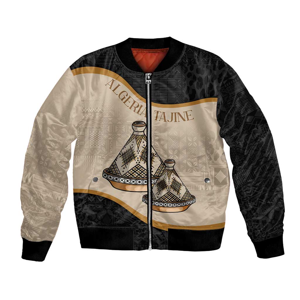 Black and beige unisex bomber jacket with full-zip and Algeria Tajine graphic