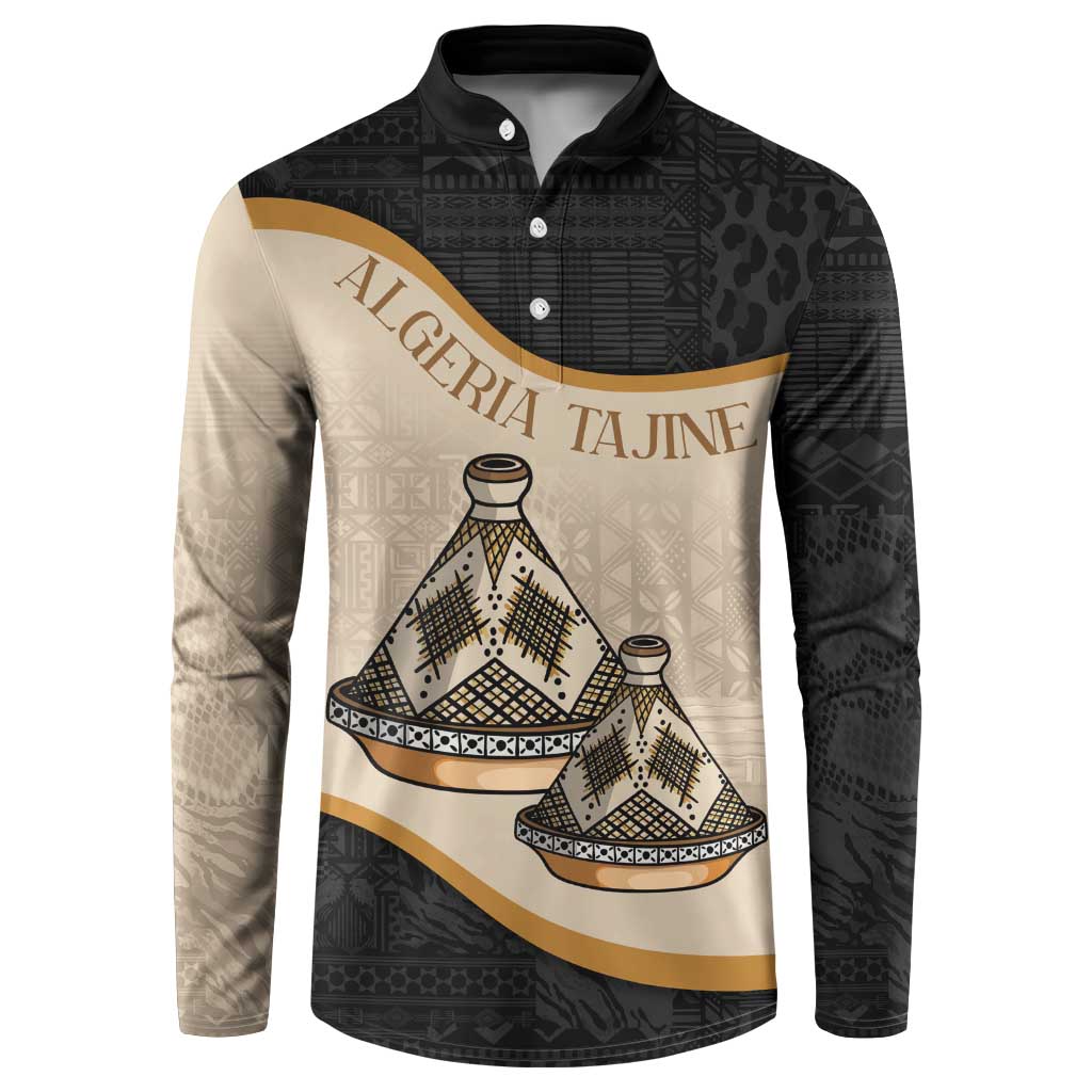 Personalized button sweatshirt with ALGERIA TAJINE text, two tajine pots, black tribal pattern