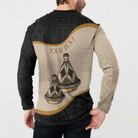 Personalized button sweatshirt in black with beige panel, tajine pots, and custom text