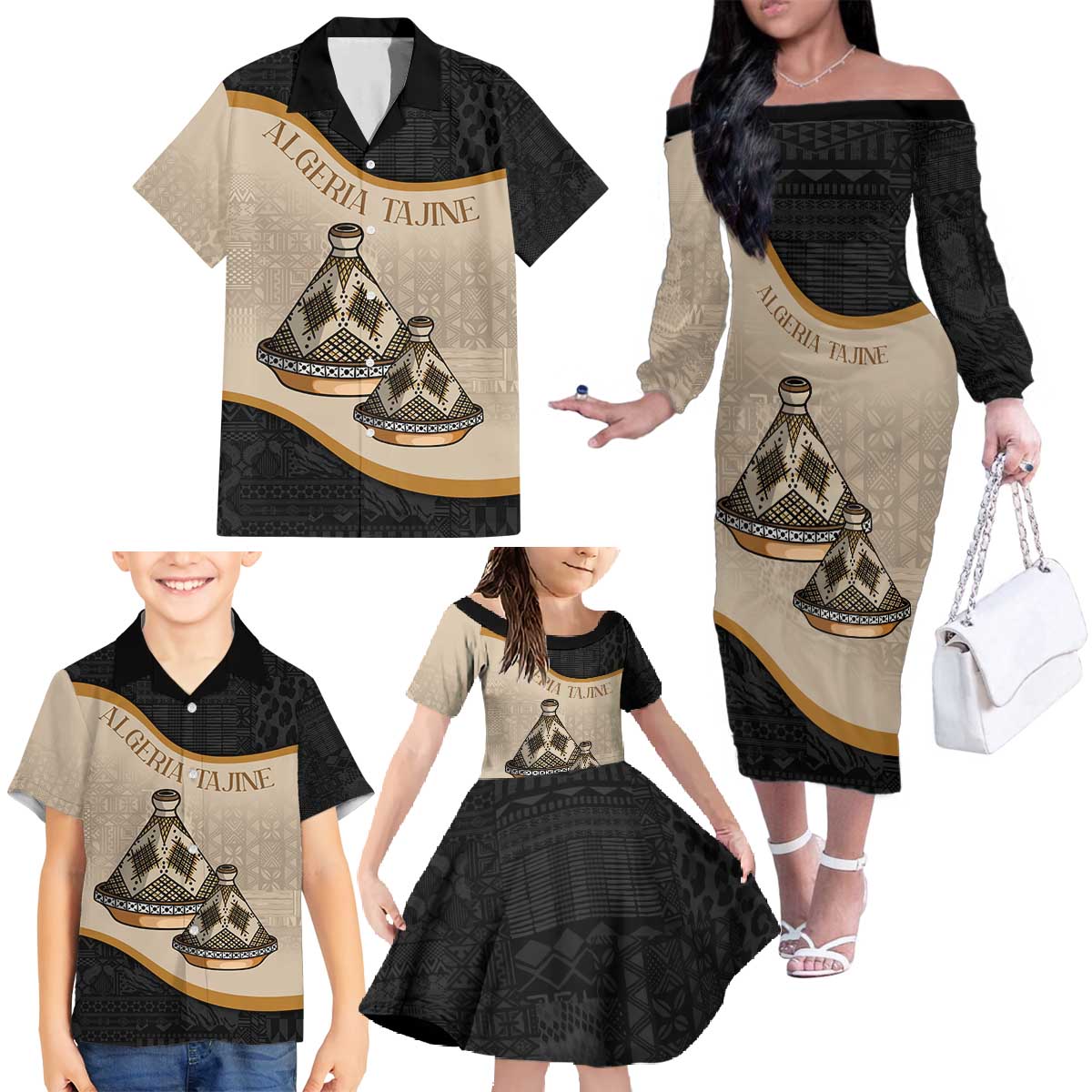 Algeria Tajine Dish Personalized Family Matching Off The Shoulder Long Sleeve Dress and Hawaiian Shirt with African Tribal Pattern - Wonder Print Shop