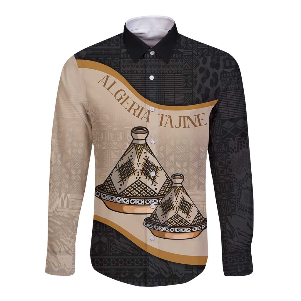 Black long-sleeve button shirt with front 'ALGERIA TAJINE' graphic