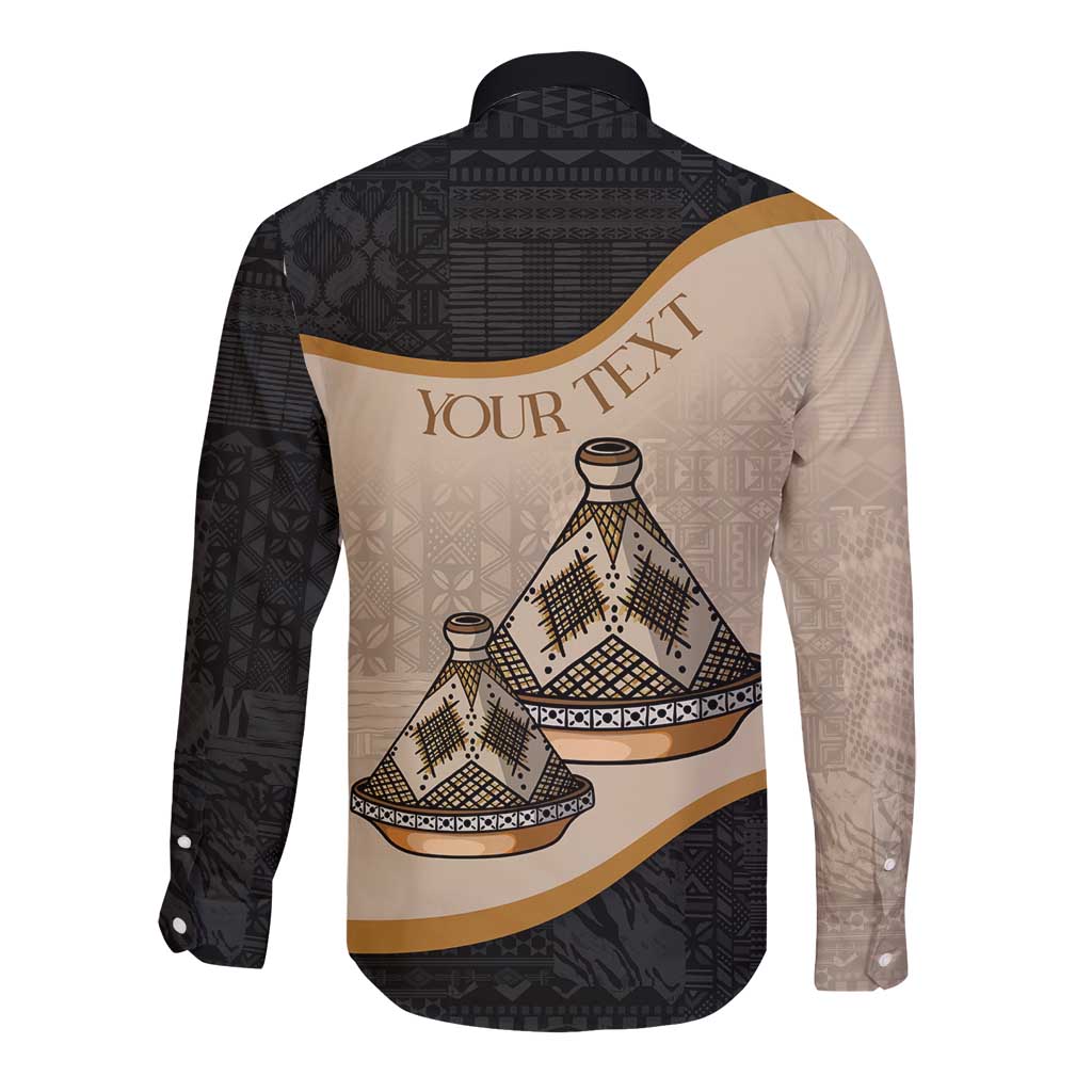 Black long-sleeve button shirt with back 'YOUR TEXT' tagine dish graphic