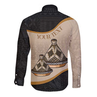 Black long-sleeve button shirt with back 'YOUR TEXT' tagine dish graphic