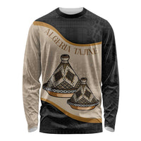 Long-sleeve shirt with tajine dish graphic, beige/gold diagonal band on black
