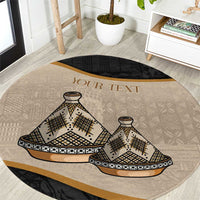 Round beige carpet with black border and large tajine dish tribal motif, gold 'YOUR TEXT'