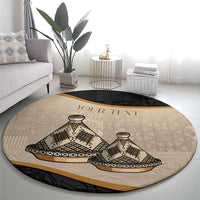 Round black-edged beige carpet with tajine dish tribal print and gold 'YOUR TEXT'