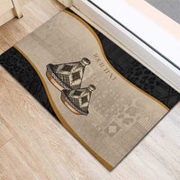 Personalized rubber doormat with two tajine pots and gold border stripe on beige and black
