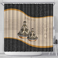 Personalized shower curtain featuring two tajine dishes on black and beige African tribal pattern with gold trim