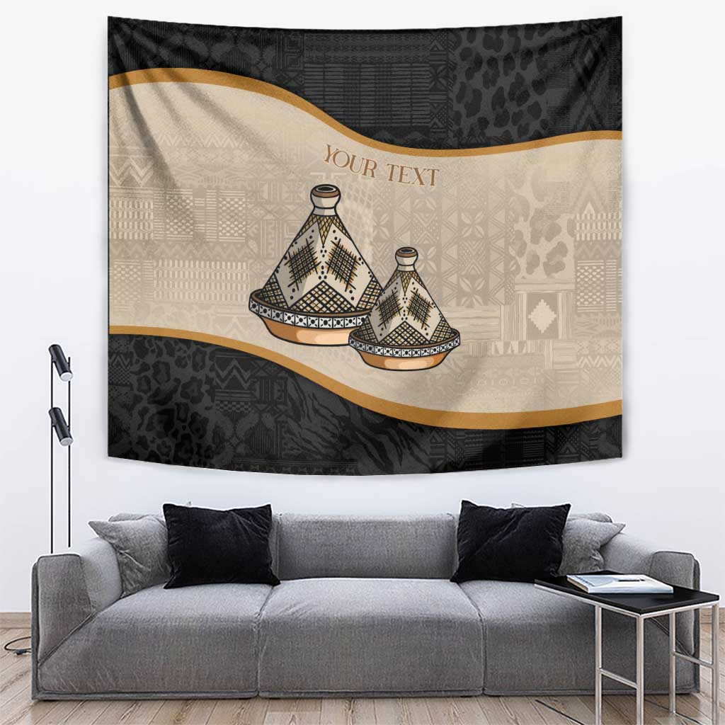 Black and beige rectangular tapestry with tajine dishes, tribal design, and 'YOUR TEXT' banner