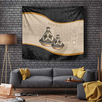 Rectangular black and beige tapestry with tajine dishes, tribal pattern, and 'YOUR TEXT'