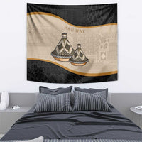 Black and beige rectangular tapestry featuring tajine dish figures, tribal pattern, and 'YOUR TEXT'