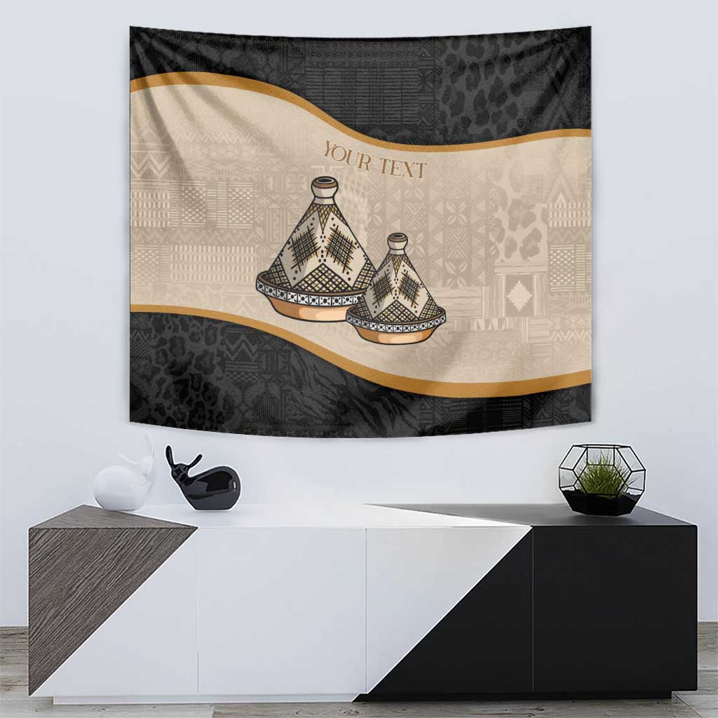 Wall-hung black and beige tapestry with tajine dishes, tribal motif, and 'YOUR TEXT'