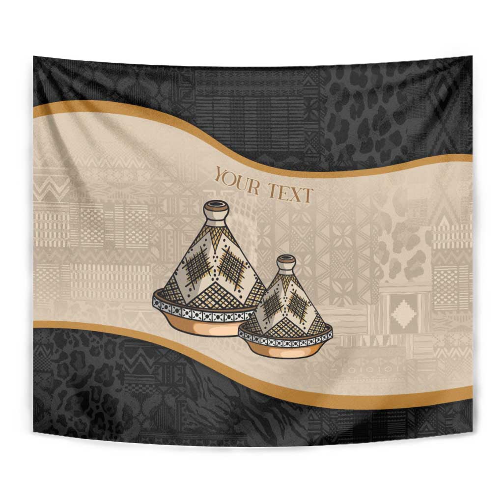 Black and beige tapestry with tajine dish illustration, tribal pattern, and centered 'YOUR TEXT'