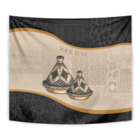Black and beige tapestry with tajine dish illustration, tribal pattern, and centered 'YOUR TEXT'