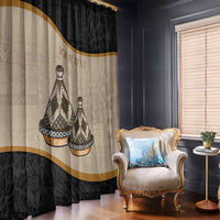 Black and beige tajine-pattern window curtain panel with wide gold stripe