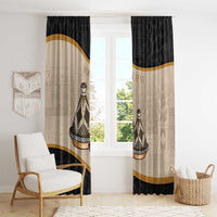 Black and beige window curtains featuring tajine illustration and horizontal gold stripe