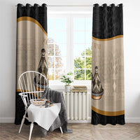 Black and beige window curtain set with tajine motif and gold-accented band