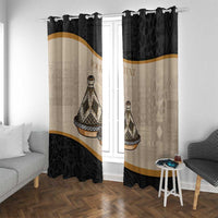 Black and beige window curtains with tajine print, gold stripe across the panels