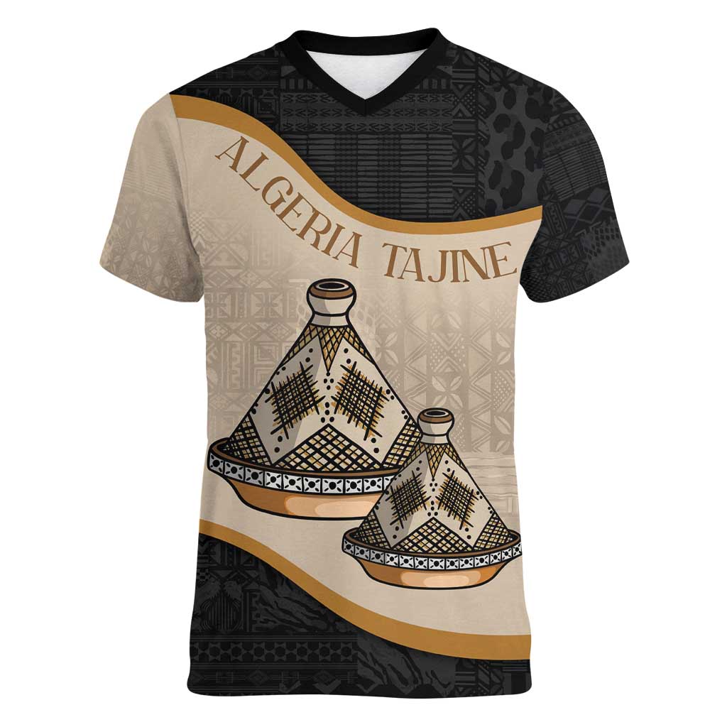 Algeria Tajine Dish Personalized Women V-Neck T-Shirt with African Tribal Pattern - Wonder Print Shop