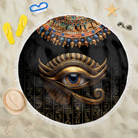Round black beach blanket with gold Eye of Horus and Egyptian hieroglyphs, white fringe