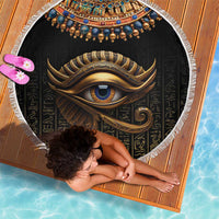 Round black beach blanket with gold Eye of Horus and Egyptian hieroglyphs, white tassel fringe