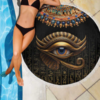 Round black beach blanket with gold Eye of Horus and Egyptian hieroglyphs, white fringed border