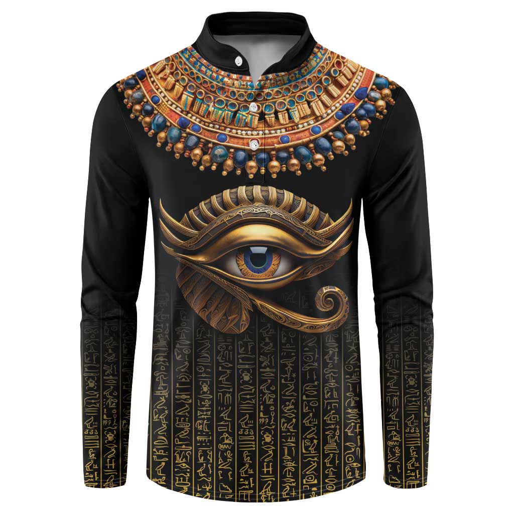 Black button sweatshirt with Egyptian eye graphic and gold-blue beaded collar