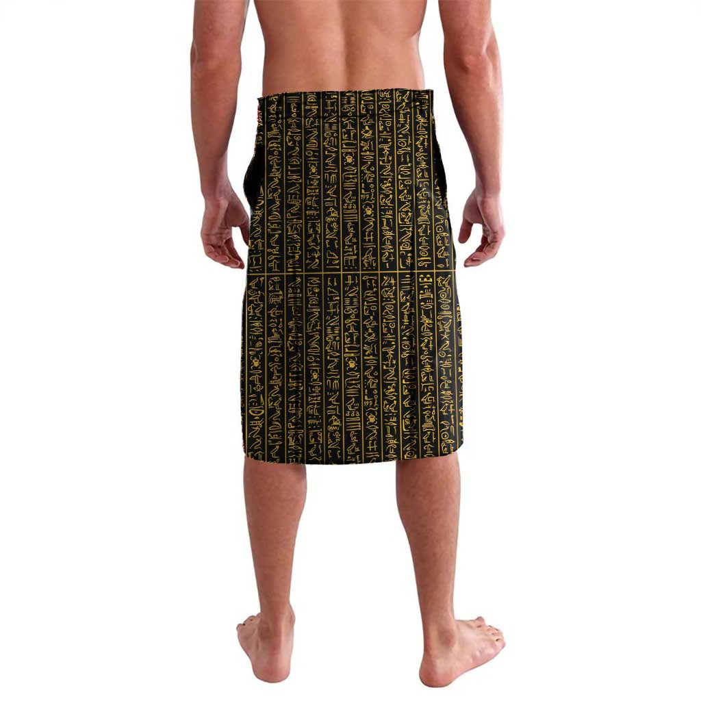Black lavalava sarong skirt covered in gold Egyptian hieroglyph pattern