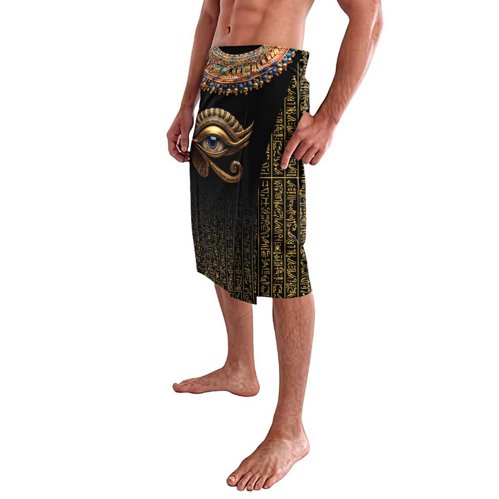 Black lavalava sarong skirt with Eye of Horus and gold Egyptian hieroglyph panels