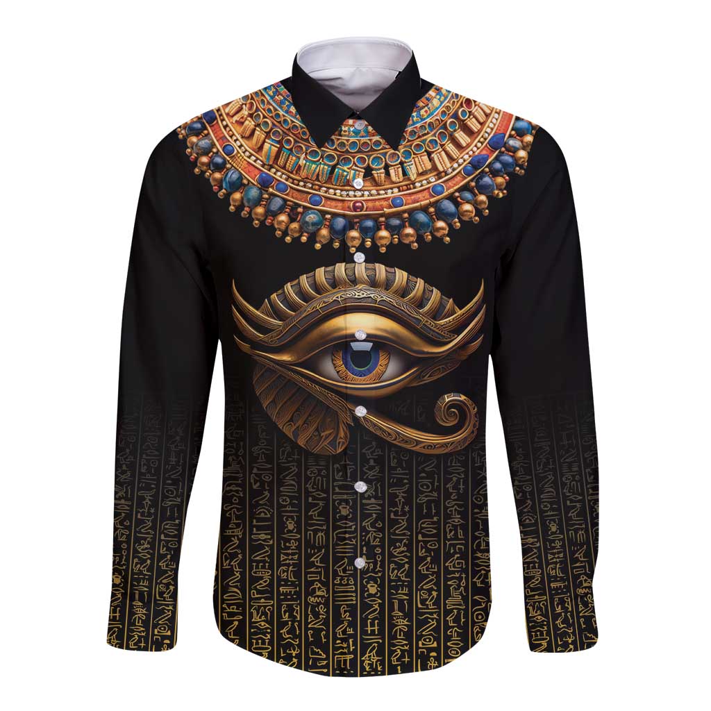 Black long-sleeve button shirt, front print with Eye of Horus, gold and blue hieroglyph panel