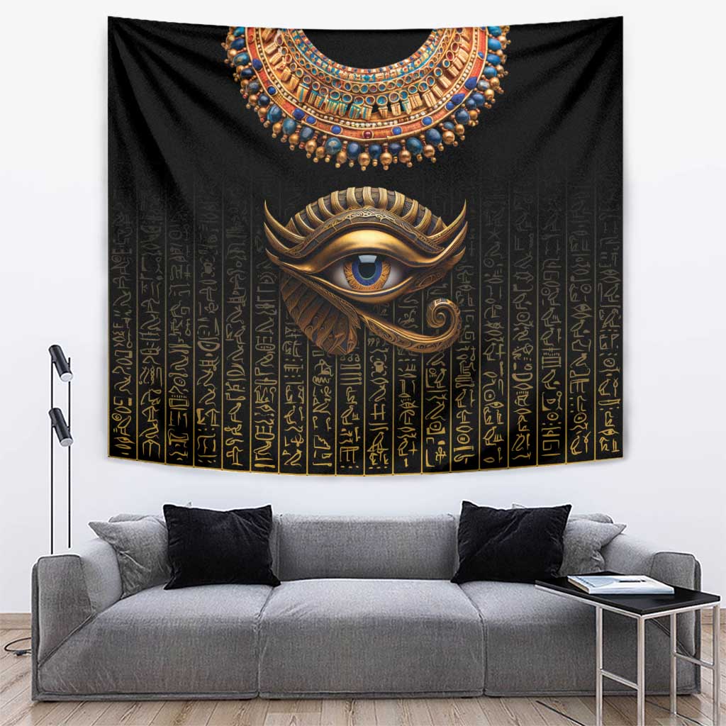 Black Eye of Horus tapestry with gold hieroglyph pattern, wall hanging.