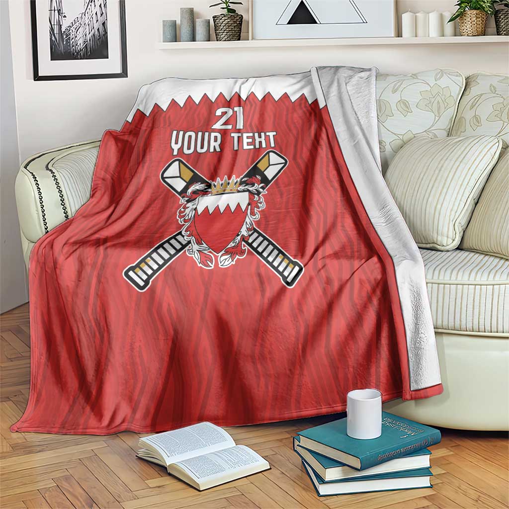 Red cricket blanket with zigzag border, bat-and-ball crest and text "21 YOUR TEXT"