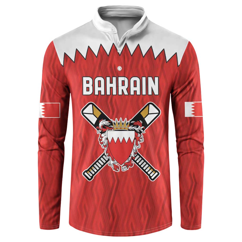 Red long-sleeve cricket button sweatshirt with Bahrain text and crest graphic on chest