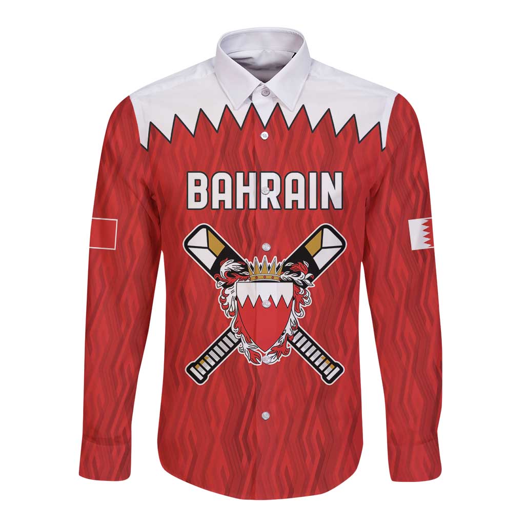 Red long-sleeve button shirt with Bahrain text and crest, crossed bats graphic