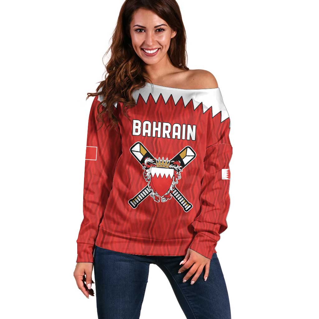 Custom Bahrain Cricket Off Shoulder Sweater Coat of arms of Bahrain with Sporty Pattern