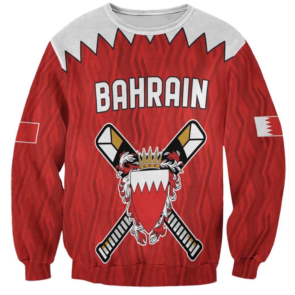 Red unisex sweatshirt with bold Bahrain text and cricket bat crest graphic