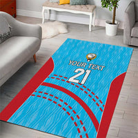 Blue sports area rug featuring red striping, dotted yard lines, and 'YOUR TEXT 21' design