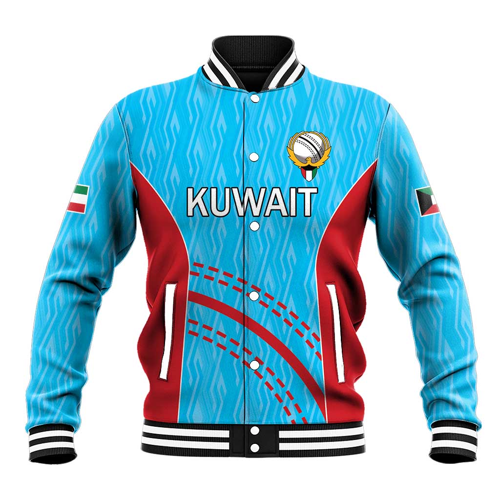Blue varsity baseball jacket with red side panels, striped ribbed collar, Kuwait emblem