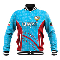 Blue varsity baseball jacket with red side panels, striped ribbed collar, Kuwait emblem